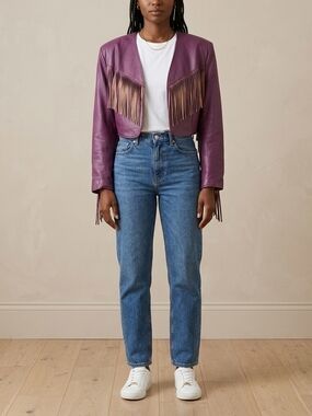 Vintage Vera Pelle Purple Fringe Cropped Leather Jacket